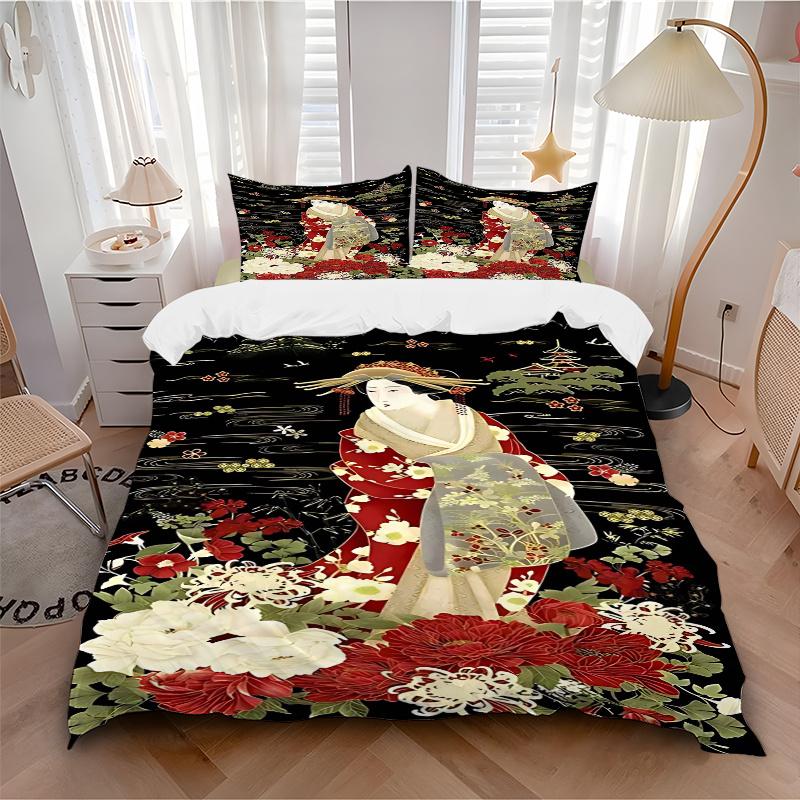 3pcs Anime Geisha Comforter Set with One Quilt Cover and Two Pillowcases (No Core), Bedroom Decor - Perfect Gift for Anime Lovers - Polyester Fabric -