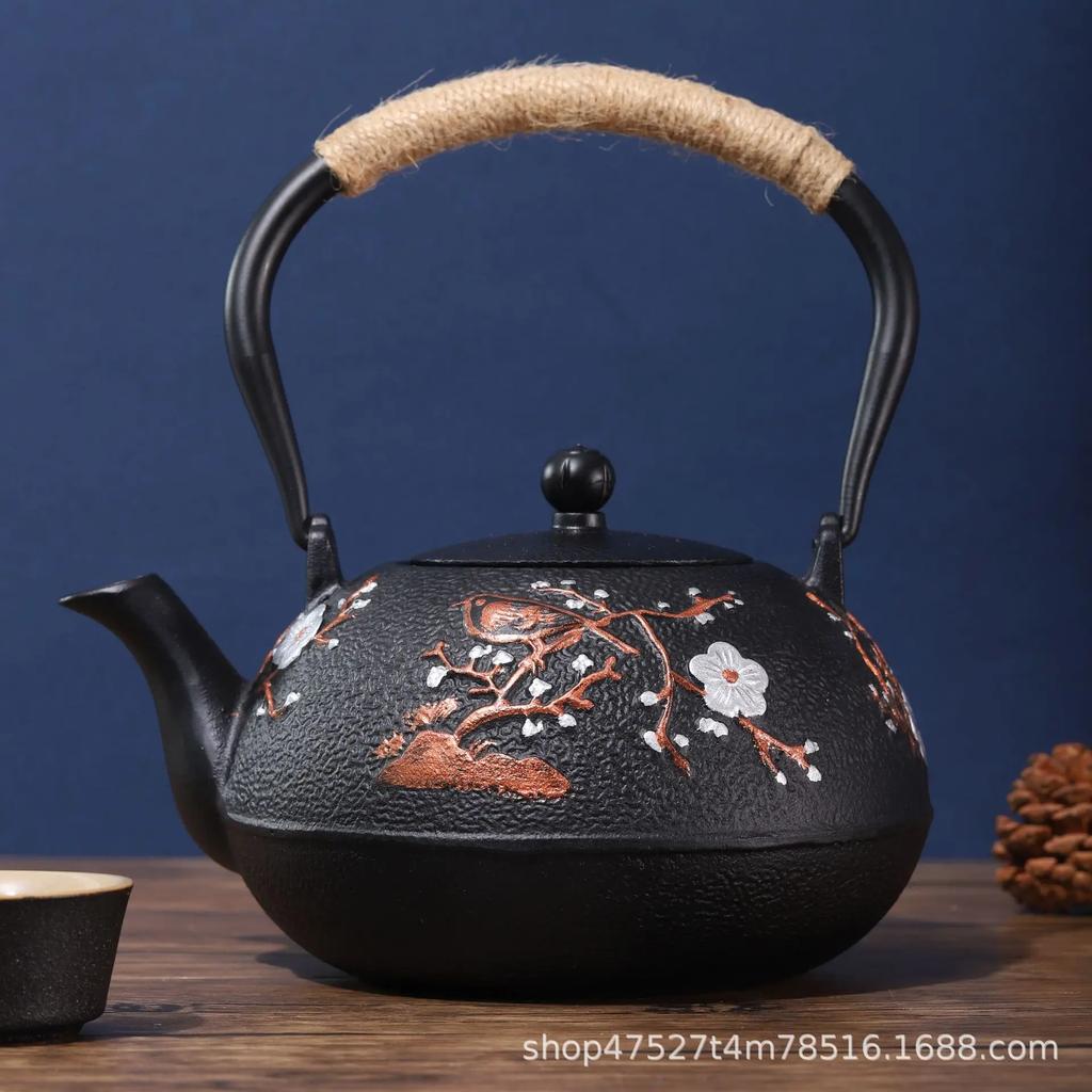 Retro Nostalgic Black Particle Cast Iron Teapot for Home Use, Large Capacity Lifting Beam Teapot, Uncoated Pig Iron Teapot