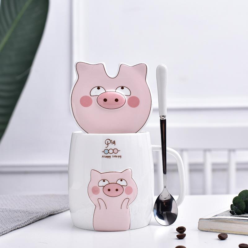 Creative Cartoon Cute Pig with Lid Ceramic Cup Boy and Girl Couple Mug Milk Cup Gift Cup Office Water Cup