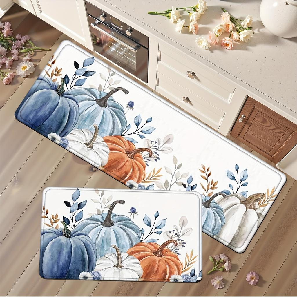 1Pcs Anti Fatigue Kitchen Rugs Blue Pumpkin Print Waterproof Non Slip Thick Cushioned Kitchen Mat Heavy Duty Comfort Standing
