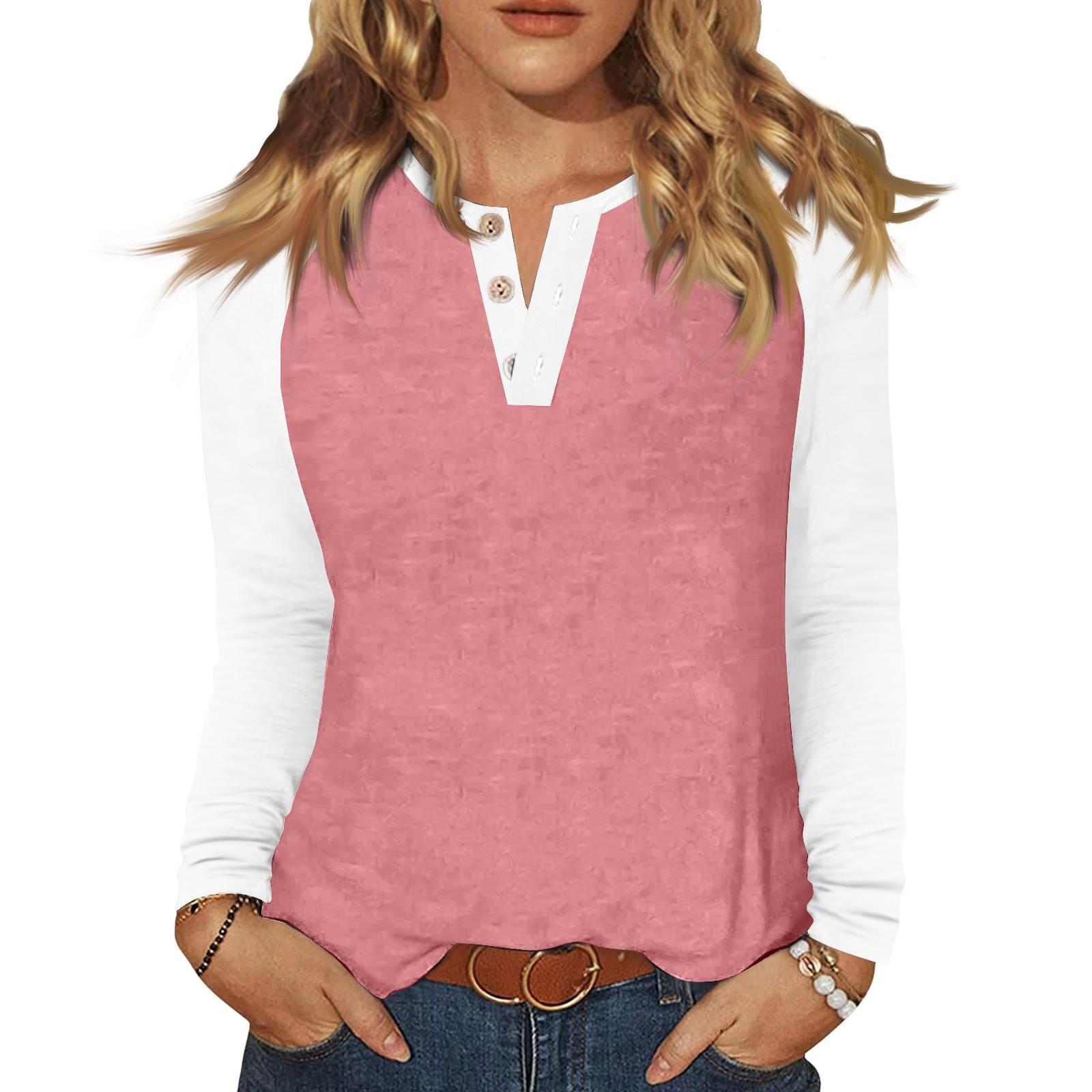 

Женская футболка колор-блок на пуговицах с длинным рукавом, повседневная, для выходных, модная, базовая, с V-образным вырезом, обычная S розовый