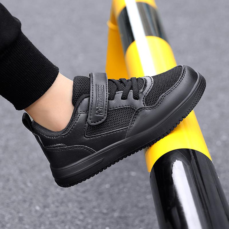 Children's white sneakers, plain-colored athletic shoes, black mesh breathable sneakers for boys, school shoes, elementary school sneakers, and