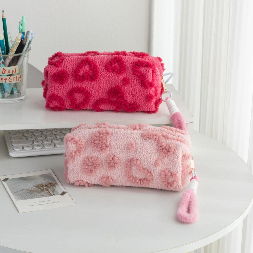 Kawaii Berber Fleece Pencil Case Lifting Rope Love Heart Pattern Pencil Pouch Large Capacity Pen Bag Student