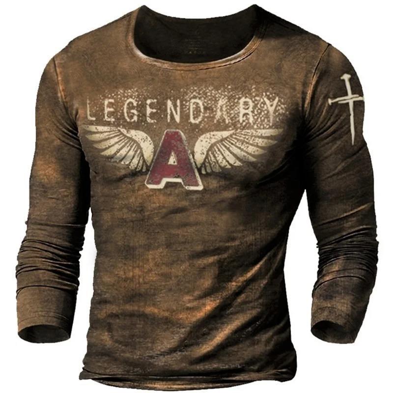 Men's Autumn and Winter Motorcycle T-shirt, 3D Printed Retro Long Sleeved Motorcycle Rider T-shirt, Oversized T-shirt, Men's