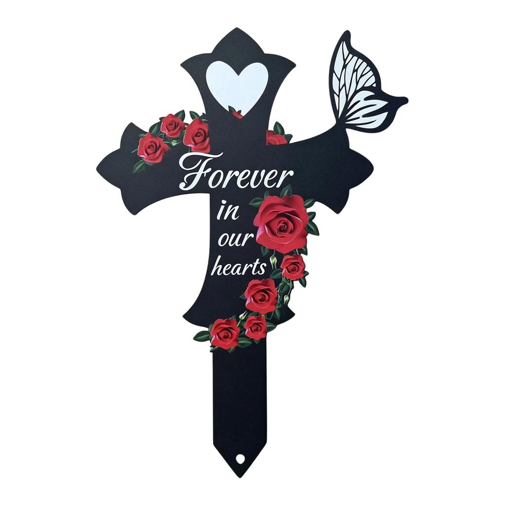 Cross-Shaped Memorial Garden Stake With Roses & Butterfly, Sympathy Cemetery, Yard For Remembrance
