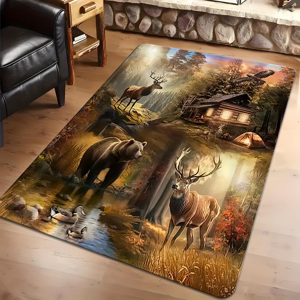 Ultra Realistic Wildlife Deer Bear Forest Scene Area Rug for Living Room Rustic Lodge Decor Hallway Floor Mat