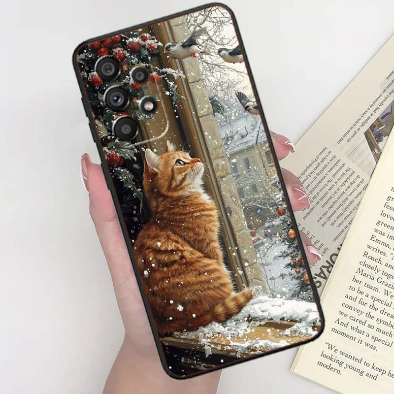Cute Cartoon Cat Illustration For Samsung A41 A35 A34 A33 A32 A25 A24 A23 A21s A06 A05 A04 A03 Note 10 20 Ultra 5G Black Case