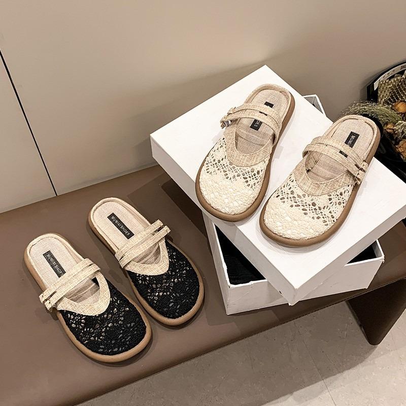 Grid linen lace casual non-slip breathable large size ethnic style linen lace casual flat-bottomed slippers women