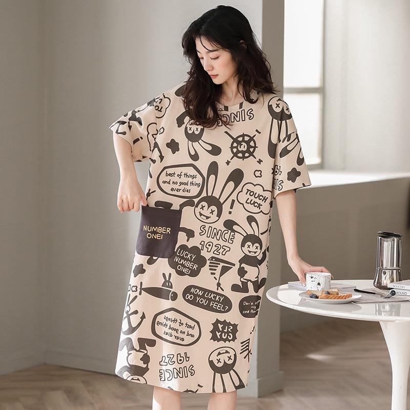Pajamas Women's Summer Thin Pajamas Short Sleeves Large Size Fat Mm Medium and Long Pajamas Pajamas Loungewear