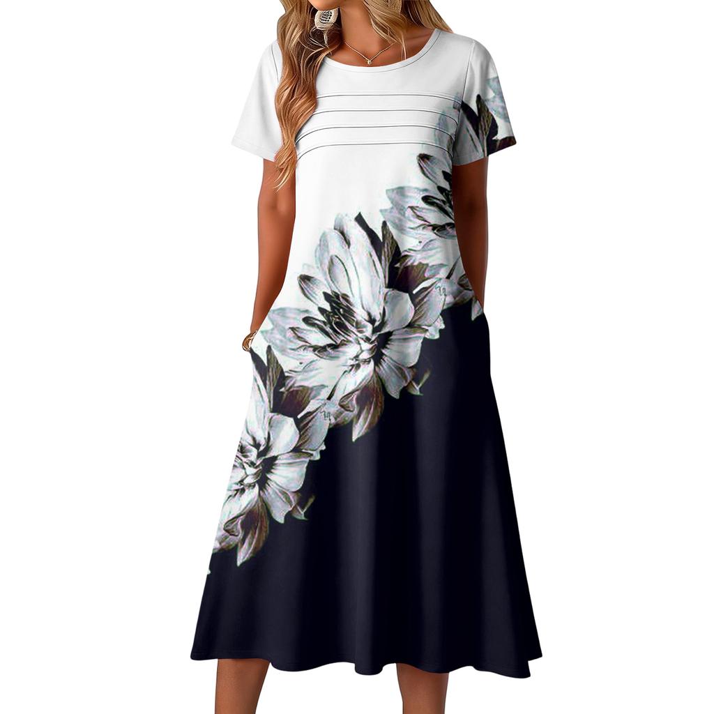 Ladies' Floral Printed Casual And Fashionable Short Sleeved Round Neck Dress
