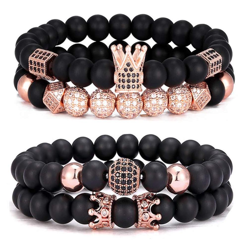 8Mm Black Matte Crown Bracelet Hexagonal Zircon Inlaid Four-piece Bracelet Gold Crown Black Matte Bracelet