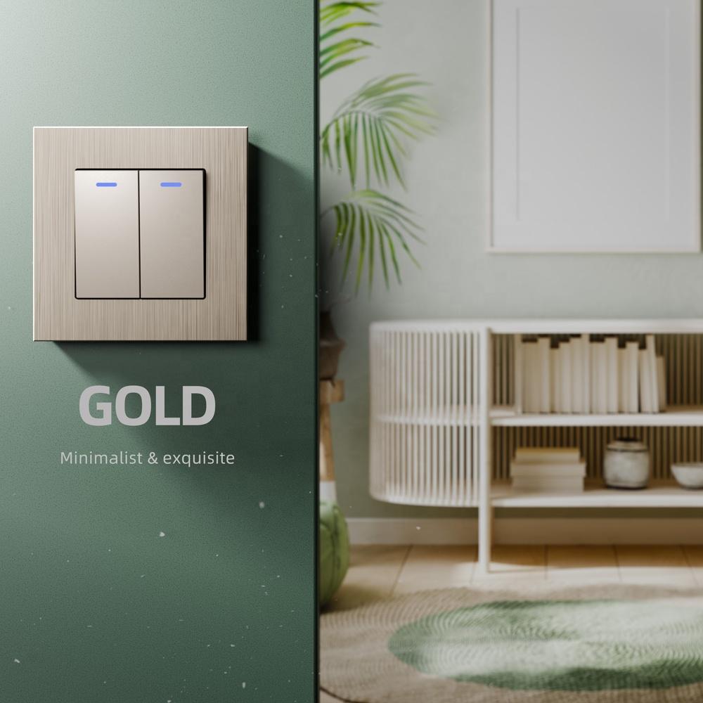 High End 3mm Brushed Aluminum Frame EU Standard 2 Gang 1 Way Wall Light Rocker Switch with Blue LED Indicator