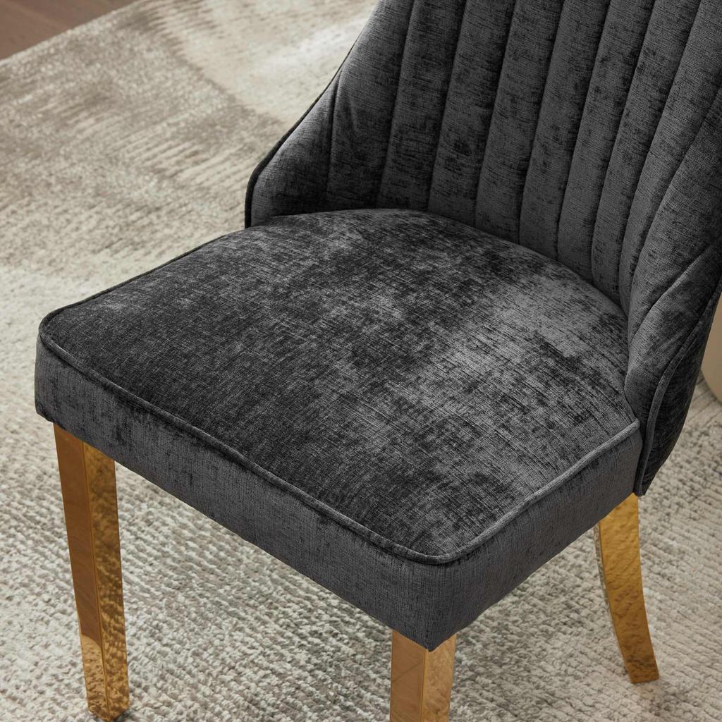 Chaises de salle à manger en tissu rayonne flocké chenille, Chaise d'appoint rembourrée confortable avec pieds plaqués acier inoxydable doré, Lot de 2 (Noir), DE1647BK