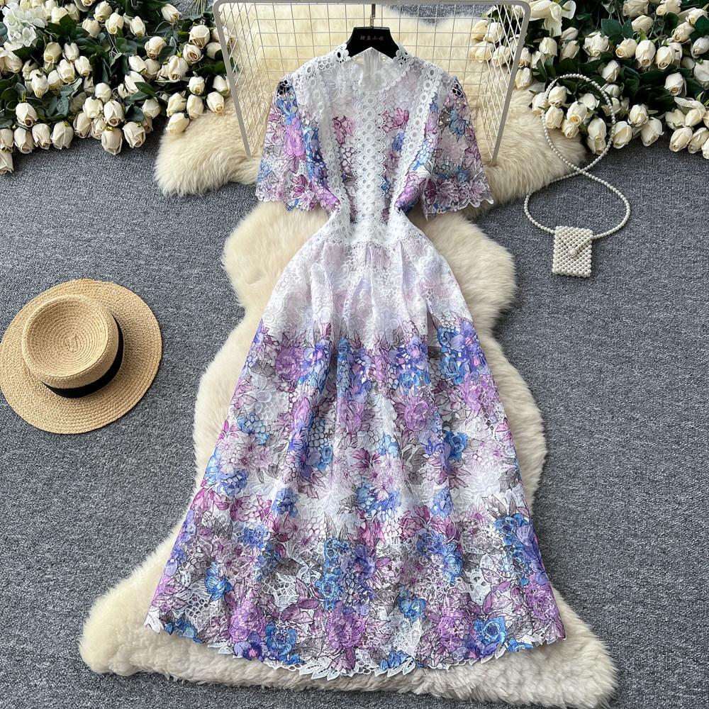Summer Fashionable Short Sleeve Slimming Water Soluble Lace Dress Vintage Stand Collar Ruffles Splice Lace Mid-Length Dress