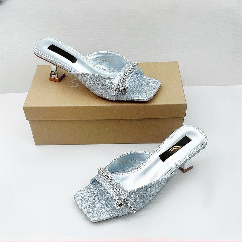 Square Toe Block Heel Rhinestone Single Strap Sandals Women High Heel Casual Summer Slide Shoes