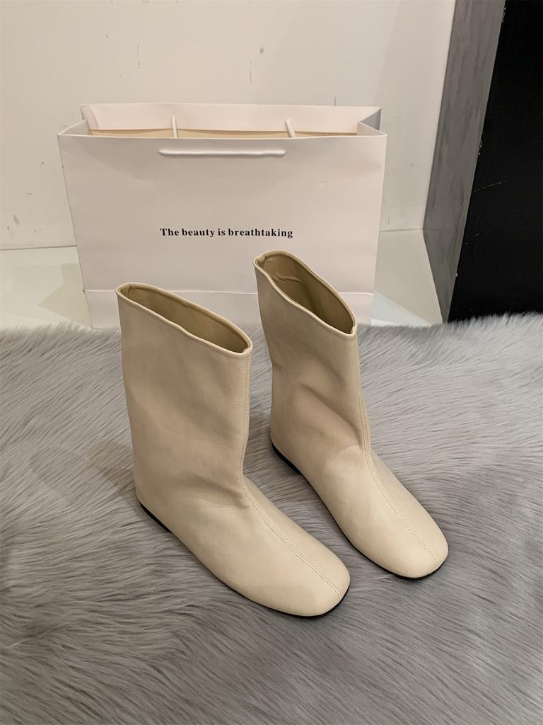 French Minimalist Sleeve Round Head High Boots New Flat Bottom Square Head Loose Knight Boots Women's Knee Boots