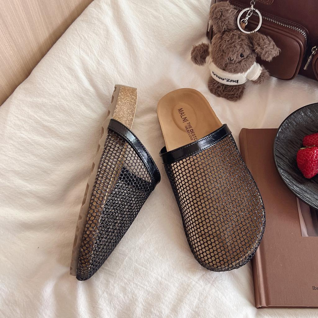 Rhinestone fishing net hollow fashionable slippers 2025 new summer fashion outer wear one pedal thick-soled bag head half slippers