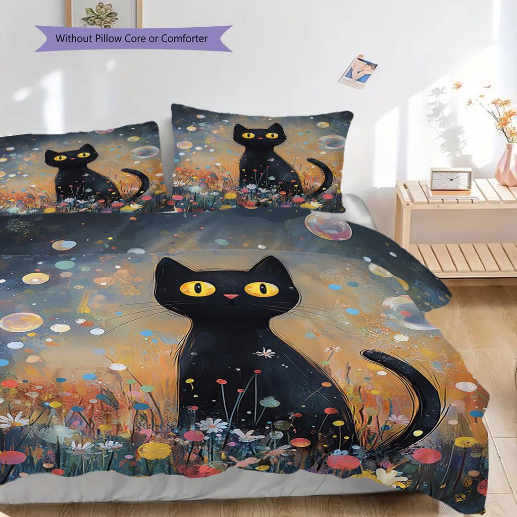 Black Cat Pattern Bedding Quilt Set Quilt Cover Pillowcase Home Decoration Birthday Gift (1 * Duvet Cover + 2 * Pillowcase, Without Core)