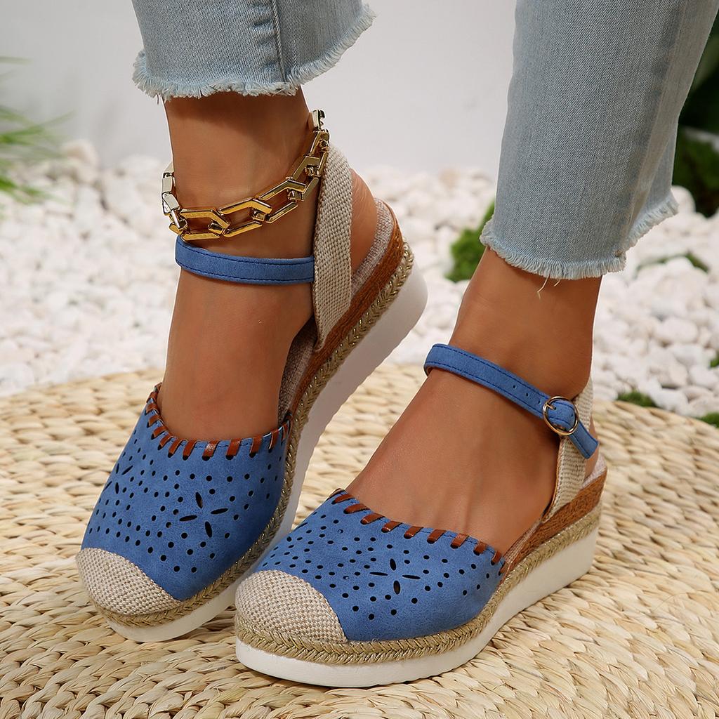 Große Farbabstimmung Tasche Kopf Hinten Leer Sandalen Keilabsatz Leichte Hanfseil Geflochtene Schnalle Plateau-Sandalen