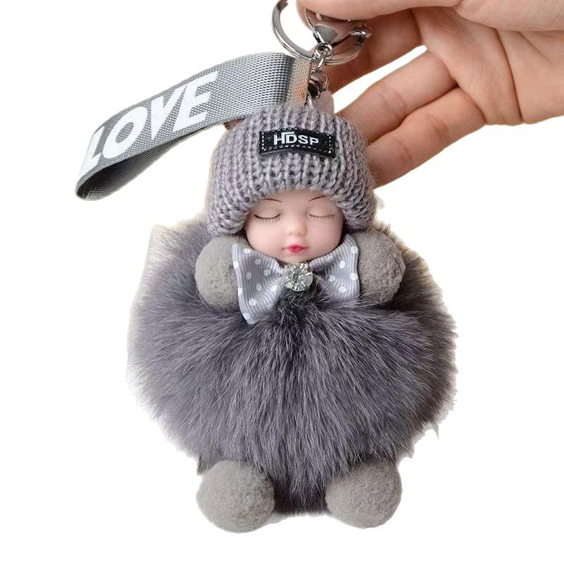 Genuine Fox Fur Sleep Doll Keychain Plush Pom-Pom Accessory