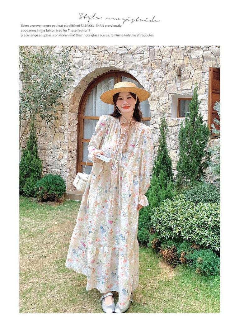Elegant French Chic Floral Long Dress - Romantic Spring Style with Large Hem