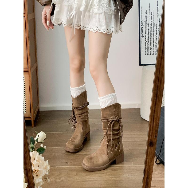 Cowhide Version~ Thick-soled Boots, Waste Retro Style Knight Boots, Women's Genuine Leather Frosted Fringed Hemp Rope Thick Heel Medium Boots