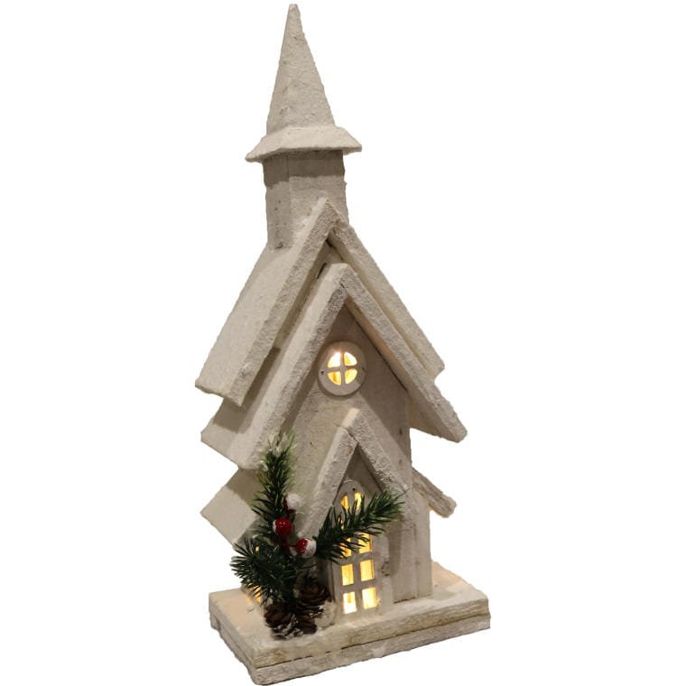 Illuminated Christmas Decoration - Snow-Covered Church with LED, Dimensions 38 cm, Color White, Battery Powered