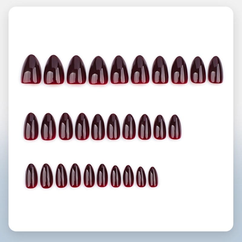 Short Almond Press on Nail,30Pcs Wine Reds Fake Nail in 15 Sizes Glossy False Nail Acrylic Stick on Nail for Women