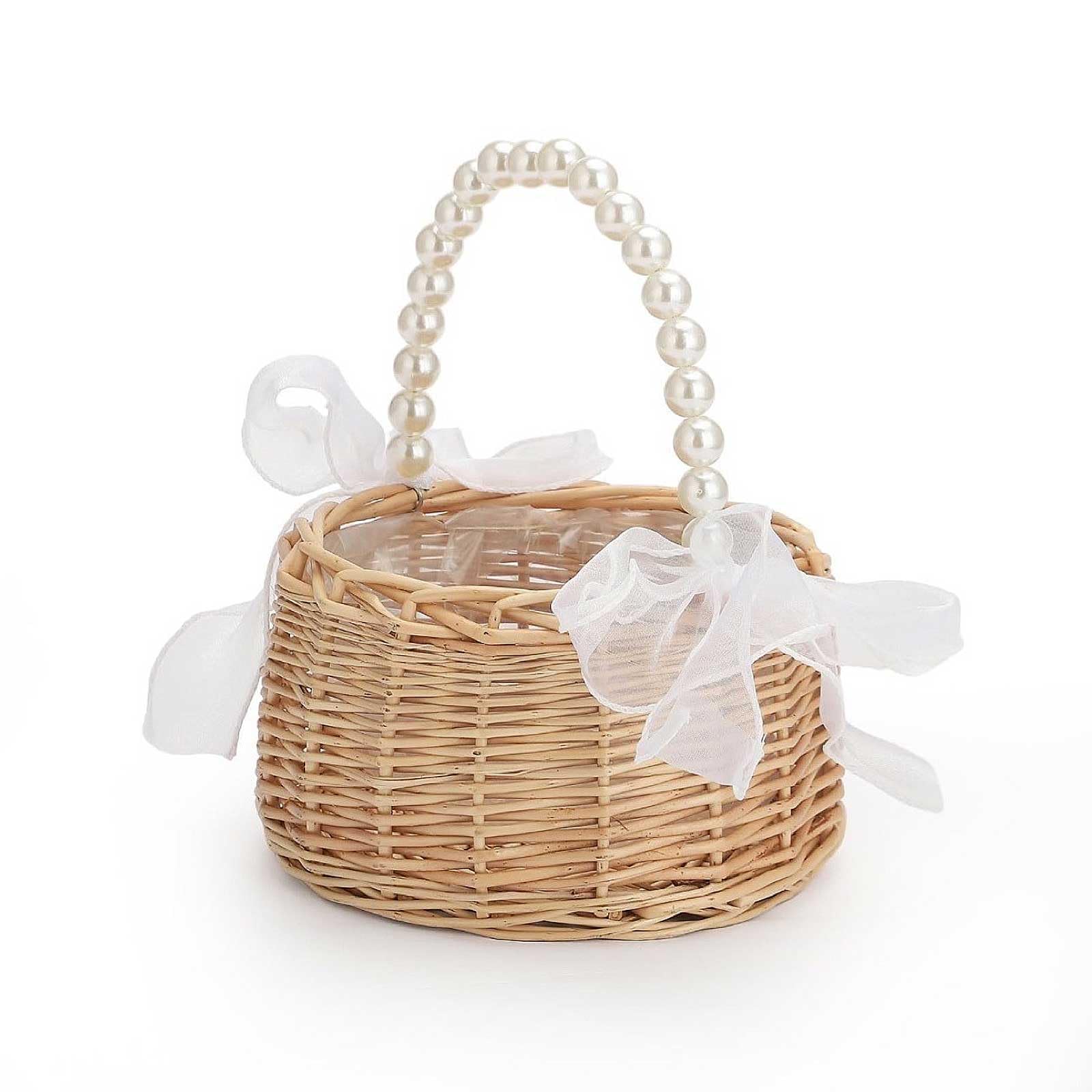 Flower Basket, Rattan Basket, Pearl Handle with Ribbon, Handbag, Woven Basket, DIY Flower Arrangement,