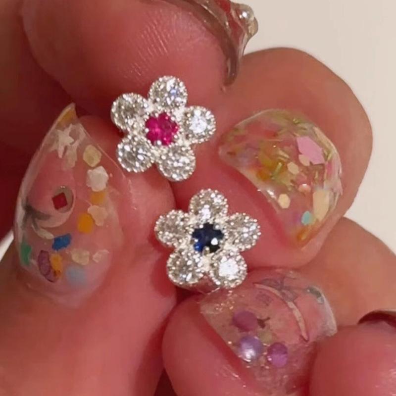 silver full diamonds sparkling blue pink small flower earings stud new in light luxury suitable for daily gifts