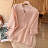 2025 Summer Women's V-Neck Cotton Linen Embroidered Loose Short Sleeve Plus Size Top