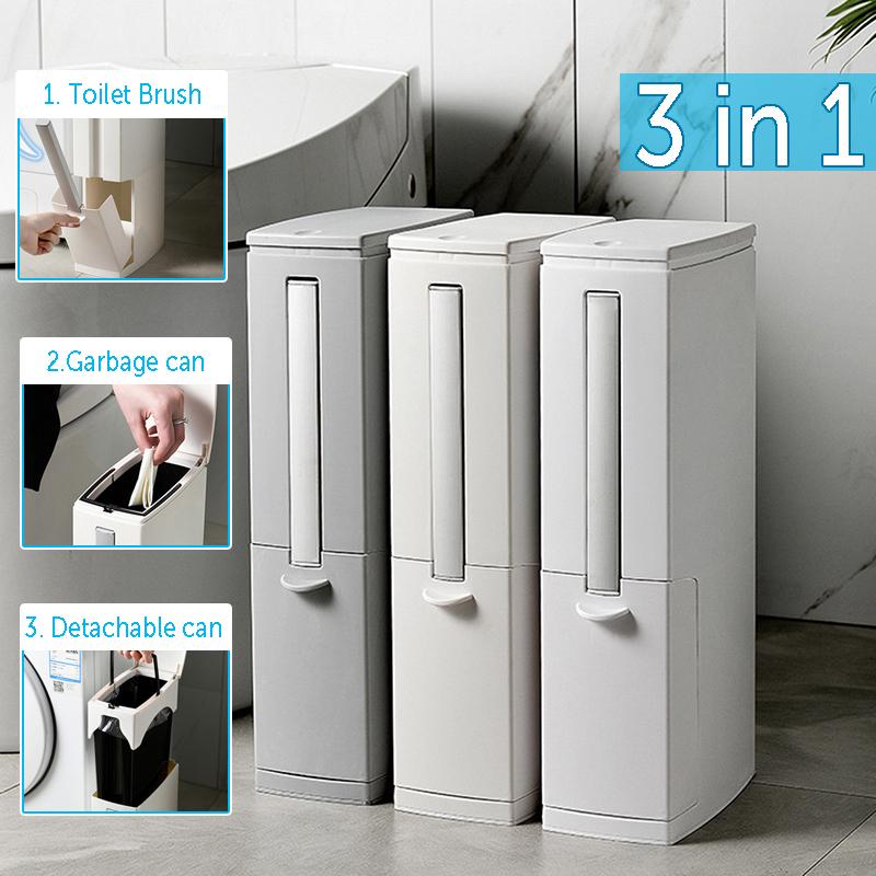 3 in 1 Plastic Narrow Plastic Trash Can Set with Toilet Brush Bathroom Waste Bin Dustbin Trash Cans Garbage Bucket Garbage Bag Dispenser