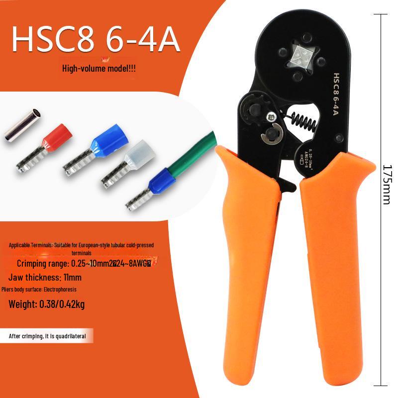 HSC8 6-4A Self-Adjusting Crimping Tool for VE Tube Terminals, 0.25-10mm Range, Quadrilateral Crimping.