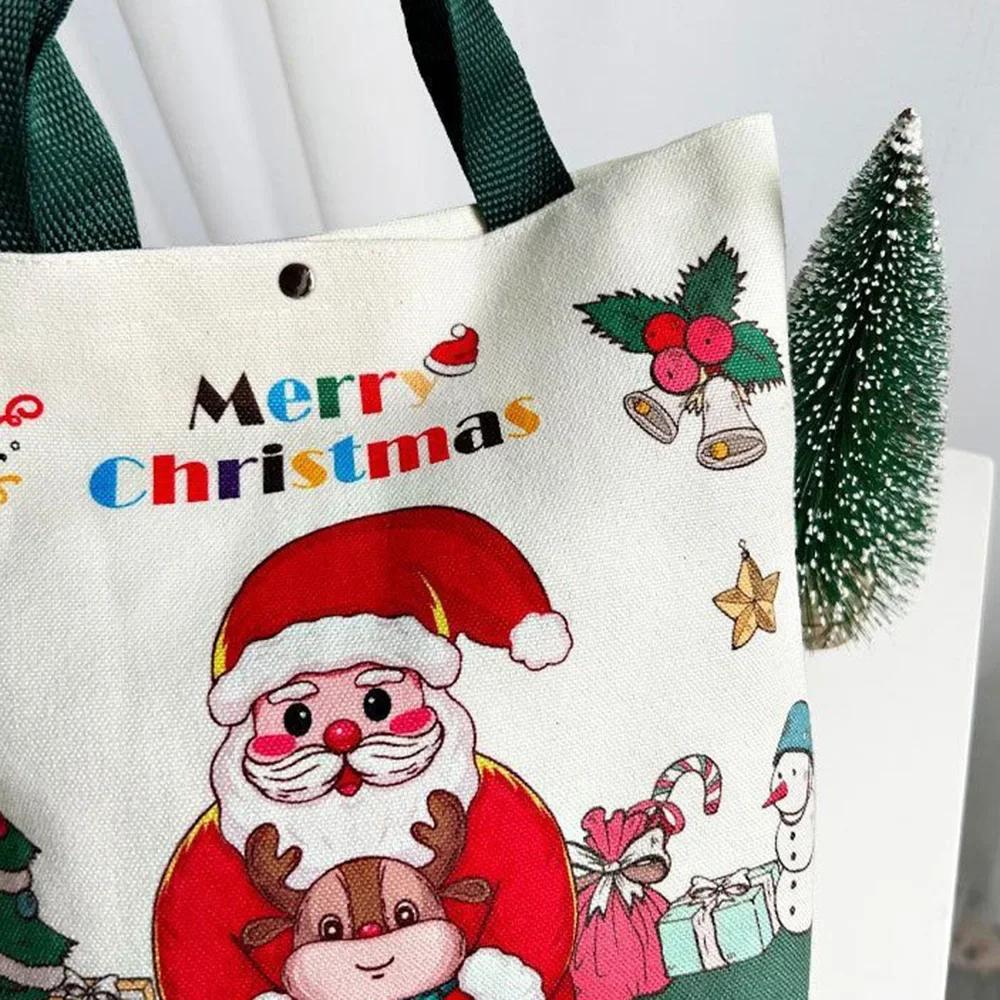 Christmas Gift Bag Canvas Handheld Cartoon Santa Xmas Tree Elk Design for Natal Navidad New Year 2026 Party Favor
