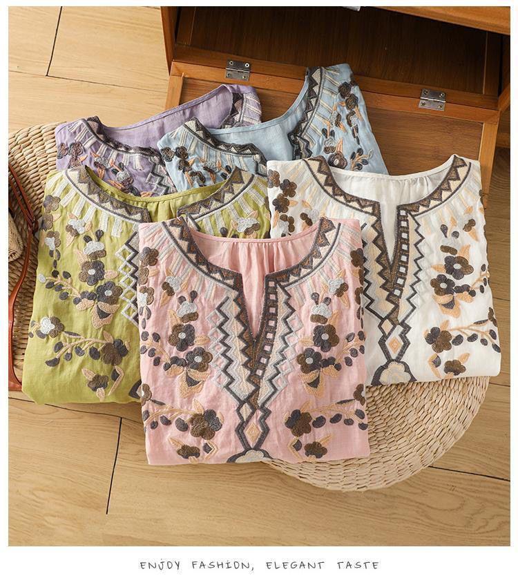 Women's Artistic Embroidered V-Neck Cotton Linen Top - Casual, Loose Fit, Slimming Short Sleeve