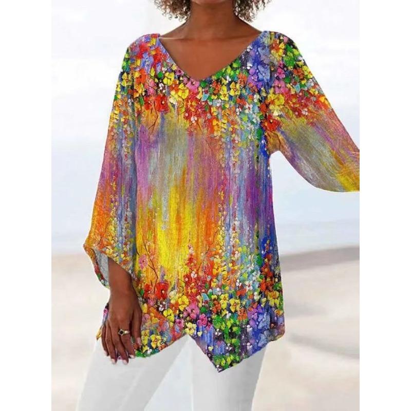 VEZFAA Women's Fashion Casual Summer Spring Colour Block Print 3/4 Sleeves V-Neck Blouses & Shirts