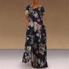 Women Round Neck Half Sleeve Flower Print Robes Style  Kaftan Loose Long Dress