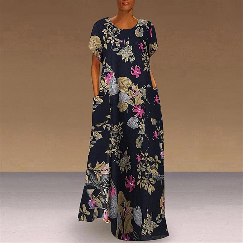 Women Round Neck Half Sleeve Flower Print Robes Style  Kaftan Loose Long Dress