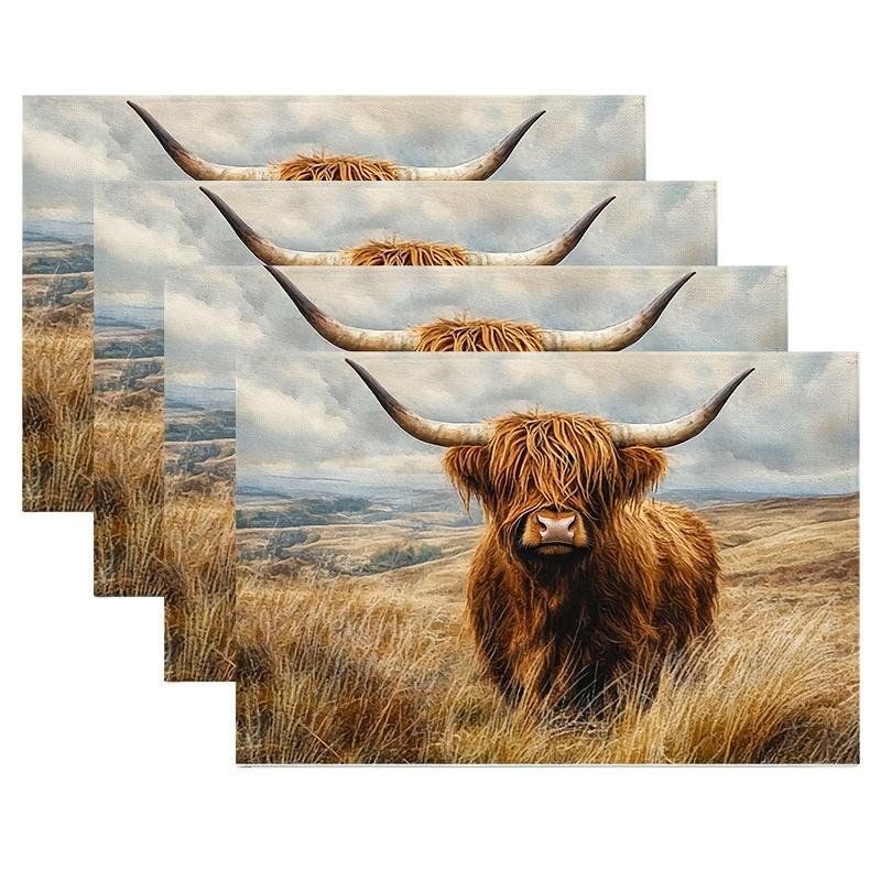 

4pcs Highland Cow Placemats, Polyester Knit Fabric, Rectangular, Hand Wash Only, Farmhouse Dining Table Decor, Rustic Country St 12x18in-4PCS