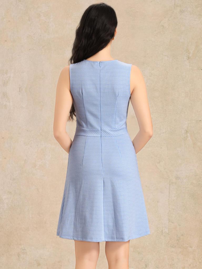 Allegra K Women's Flared Knit Dress, Houndstooth Check Pattern, Sleeveless, Short Length, Sky Blue, Size XS