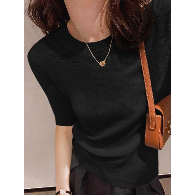 

Классная базовая трикотажная футболка с круглым вырезом и рукавом 3/4 Black M([Recommended 50.00 kg-55.00 kg]])