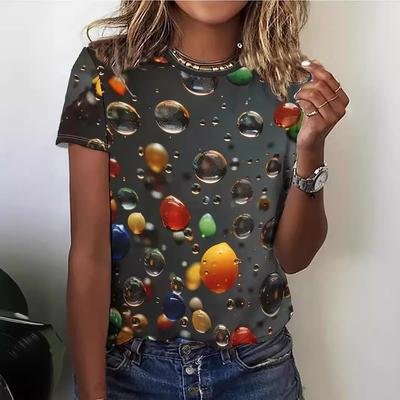 Sommar Rundhalsad 3D Vattendroppe Tryckt Topp Trendiga Casual Kortärmade Dam T-shirts
