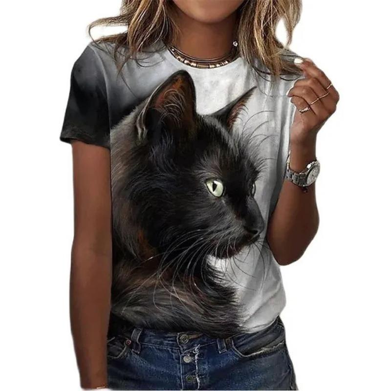 Summer women s retro cartoon cat 3D round neck short sleeved shirt 2XS