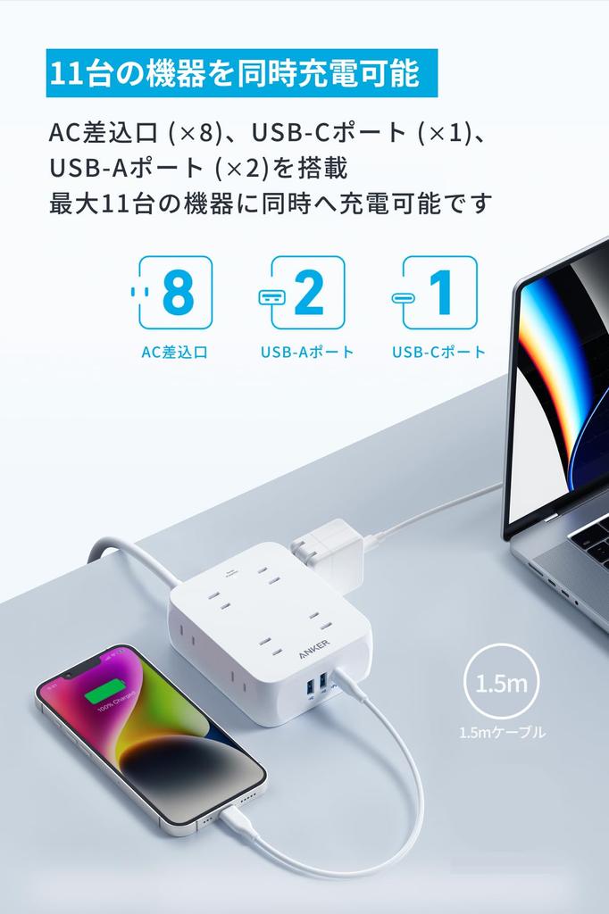 Anker USB Power Strip power AC prodloužení s PSE technickou s USB Power (11 v 1) (USB kohoutek, kohoutek, zásuvka, port USB-C, port USB-A, kabel, 1,5m)