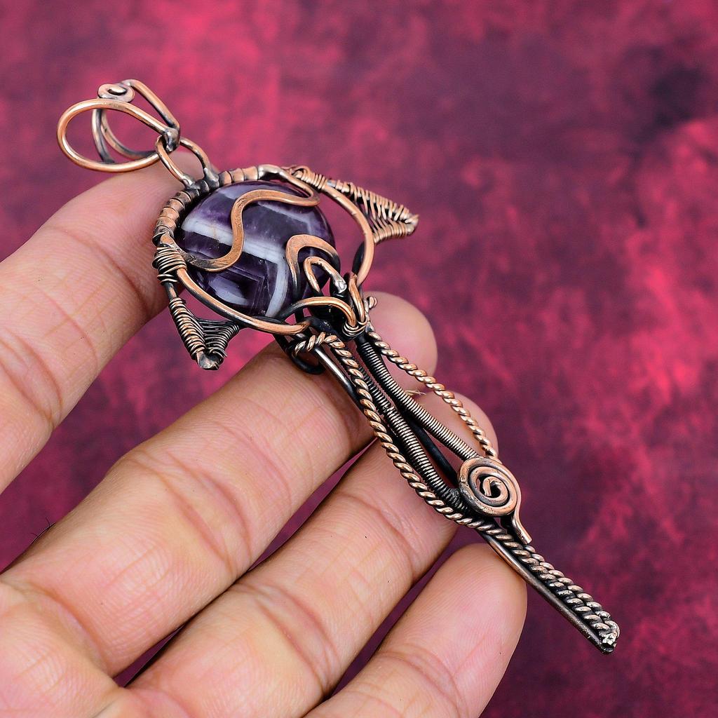 Chevron Amethyst Pendant Copper Wire Wrapped Handmade Jewelry Gemstone Pendant