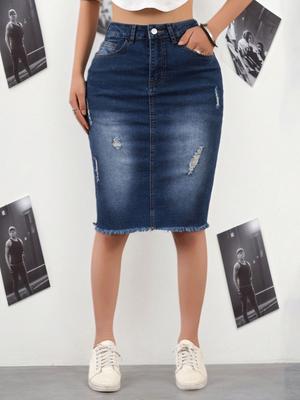 Puffanpop Women's High Waisted Stretchy Bodycon Denim Midi Skirt - Dark Wash Distressed Frayed Hem Ripped Pencil Skirt for Casual Daily Wear