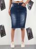 Puffanpop Damen High Waist Dehnbarer Bodycon Denim Midi Rock - Dunkle Waschung Mit Used-Look Ausgefranster Saum Gerippter Bleistiftrock für Lässige Tägliche Kleidung