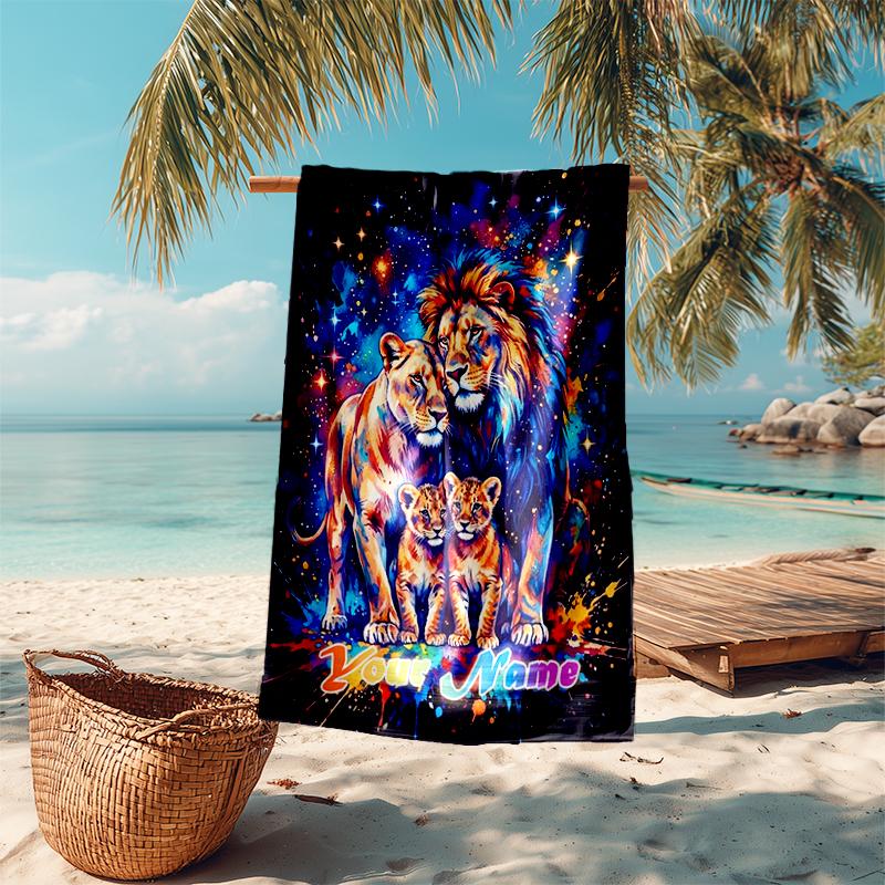 1PC Custom Name Lion Family Cosmic Art Beach Towel Highly Absorbent And Sand-Resistant Towel for Swimming, Pool, Yoga, And Travel Lightweight