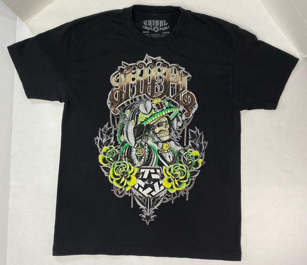 Tribal Gear 20th Tee M Lg Skull Roses Headdress Crow Eye Aztec Streetwear Black