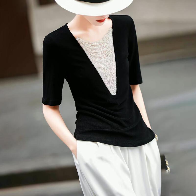 Lanseer French Beaded V-Neck Acetate Blend T-Shirt Top